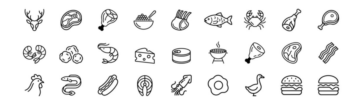 set of meat seafood and food icons in line style vector illustration on transparent background