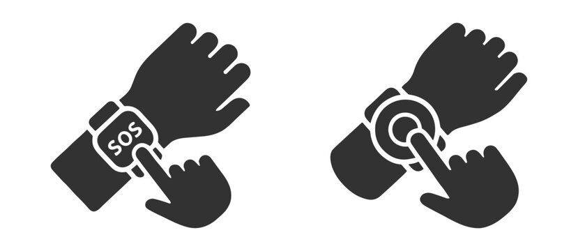 smartwatch with sos emergency button icon and hand clicking on screen on transparent background