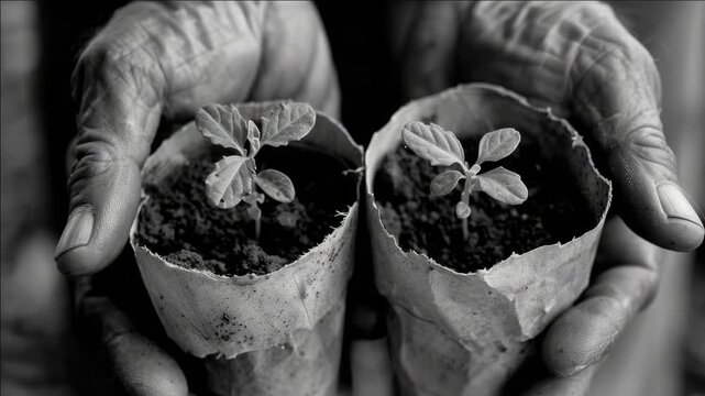 A pair of hands gently cradle two small seedlings in makeshift paper pots.