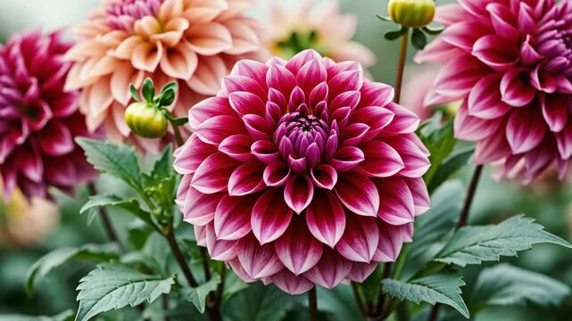 A seamless pattern of hand-drawn dahlia flowers with layered petals and graceful repetition, delicate botanical atmosphere, ultra-realistic, no logos.