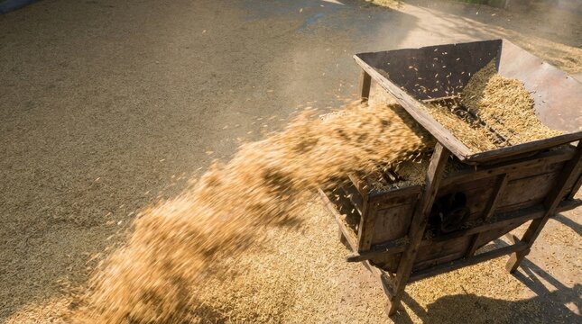 Traditional wooden rice winnowing machine in action at farm.