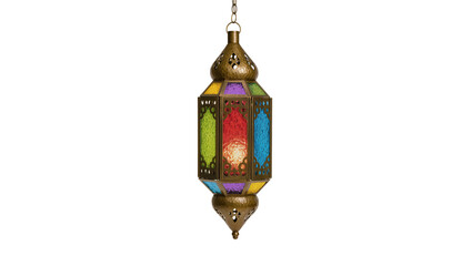 Ornate brass Moroccan lantern with colorful glass panels, isolated on transparent background © Maria