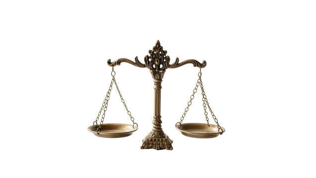 Antique brass balance scale with ornate detailing, isolated on transparent background