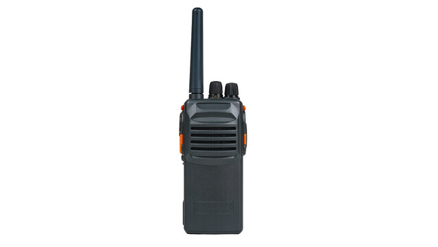 Gray and orange portable two-way radio with antenna, isolated on transparent background