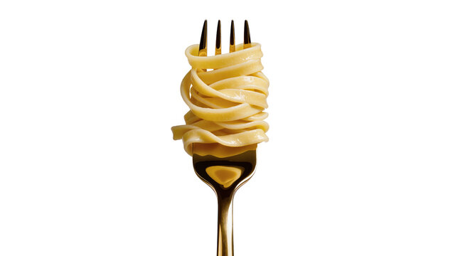 Golden fork holding a nest of fettuccine pasta, isolated on transparent background