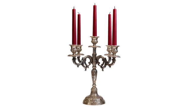 Antique silver candelabra with five red candles, isolated on transparent background