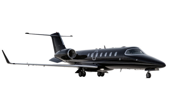 Sleek black private jet airplane with polished exterior, isolated on transparent background