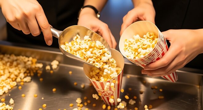 A person is scooping freshly popped popcorn into paper containers at a concession stand