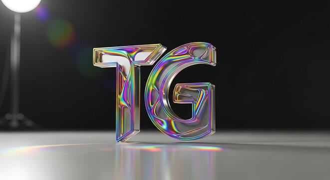 Iridescent chrome letters TG, 3D rendering with chromatic aberration and lens flare, studio lighting, abstract metallic alphabet for branding or design