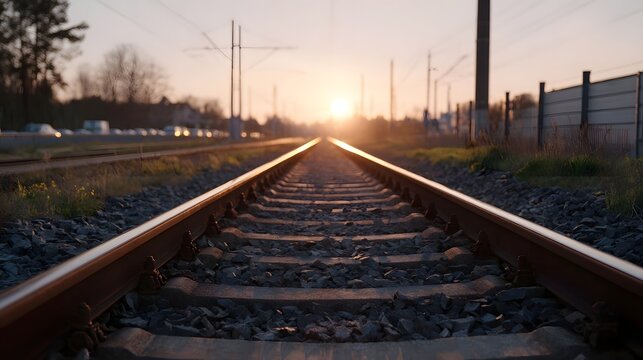 A perspective view down the parallel railroad tracks receding into the bright golden light of dusk