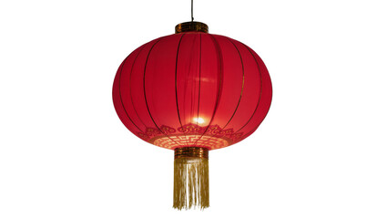 Fototapeta premium Traditional red Chinese lantern with gold trim and tassels, isolated on transparent background
