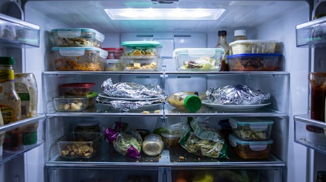 fridge interior messy leftovers containers, cold light realism