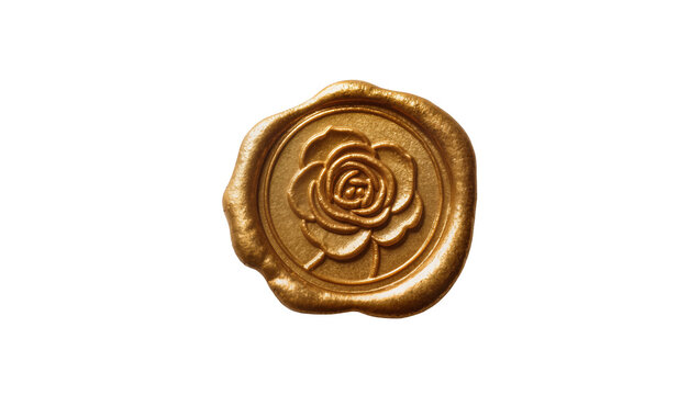 Golden wax seal with rose imprint, isolated on transparent background