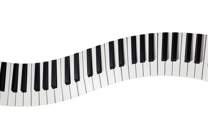 Wavy piano keyboard with black and white keys, isolated on transparent background © Maria