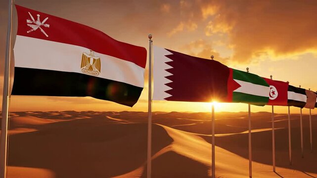 Middle eastern and arab nation flags waving in desert sunset wind, international diplomacy and cooperation concept