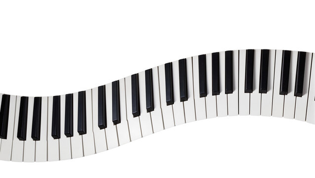 Wavy piano keyboard with black and white keys, isolated on transparent background