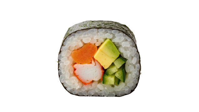 Single sushi roll with crab stick avocado and roe, isolated on transparent background