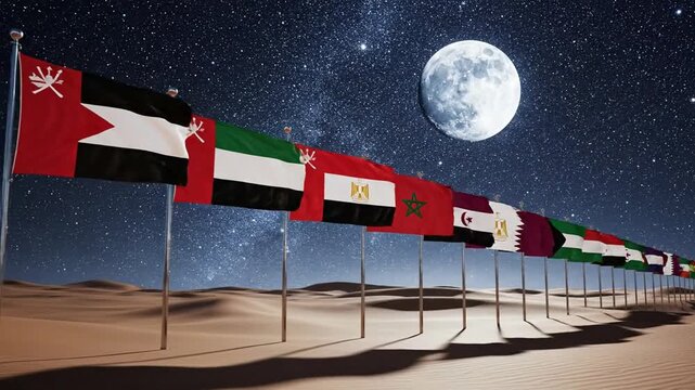 Row of arab league country flags waving in desert at night under full moon and starry sky middle east