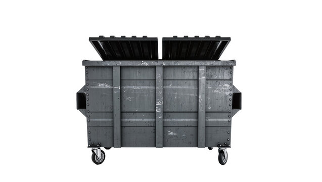Heavy duty metal dumpster with open lid, isolated on transparent background