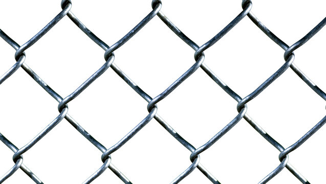 Close-up of metallic chain-link fence with diamond pattern, isolated on transparent background