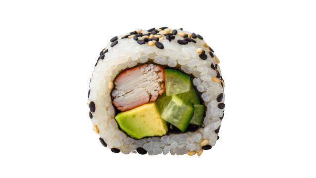 Sushi roll with crab avocado and cucumber, isolated on transparent background