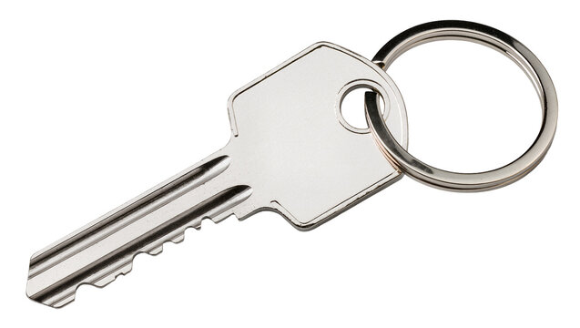 Silver metal house key with serrated edge and keyring, isolated on transparent background