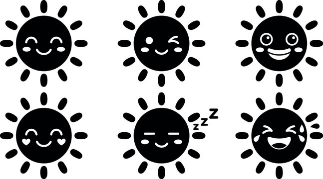 Black sun faces with different emotions smiling winking sleeping and crying