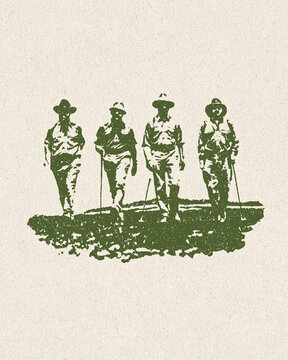 Four men in hats and collared shirts walk across a textured surface holding golf clubs.