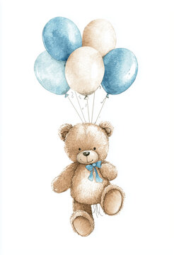 A charming watercolor illustration of a fluffy teddy bear holding onto a bunch of blue and beige balloons.