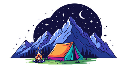 Camping adventure illustration tent mountains and campfire under the stars © satriagetok