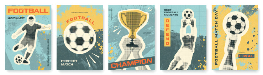 Set of vertical card designs featuring football players and sports equipment in halftone retro style. Collection for soccer championship promotion and fan club activities, vector illustration. © Liliya