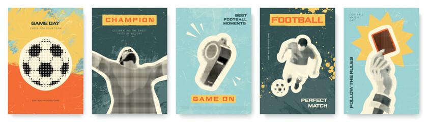 Set of vertical poster designs for football match day in halftone vintage style. Collection for soccer event branding and tournament promotion, vector illustration. © Liliya