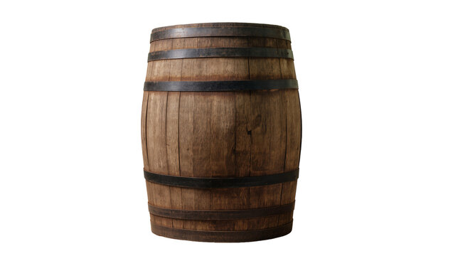 Rustic wooden barrel with metal bands, isolated on transparent background