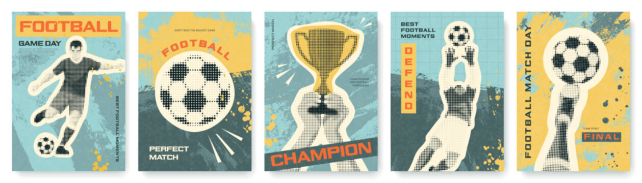 Set of vertical card designs featuring football players and sports equipment in halftone retro style. Collection for soccer championship promotion and fan club activities, vector illustration.
