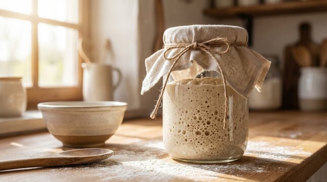 A close-up of a bubbling bread starter in a glass jar, emphasizing natural fermentation for healthy baking and nutrition.