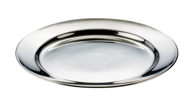 Polished silver oval serving platter with raised rim, isolated on transparent background