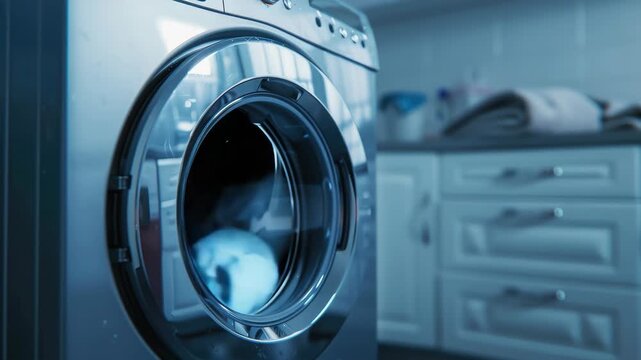 A sleek and modern front-loading washing machine in a well-lit kitchen or laundry room setting. The spin cycle button is clearly visible on the top right corner of the machine door.