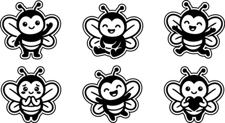 Fototapeta premium Black and white cartoon bee characters with playful and loving expressions vector art