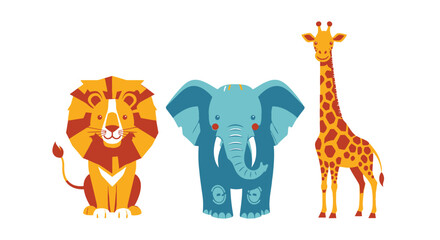 Fototapeta premium Cartoon animals lion elephant giraffe illustrations for childrens education