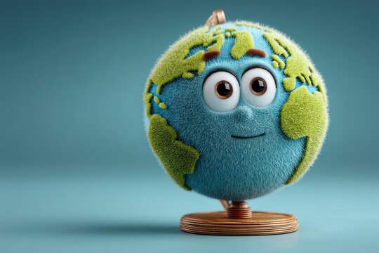 Colorful 3D cartoon-style globe with a happy face on a blue background