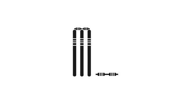 Black and white cricket stumps and bails create a striking silhouette