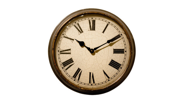 Antique cracked clock face with Roman numerals, isolated on transparent background