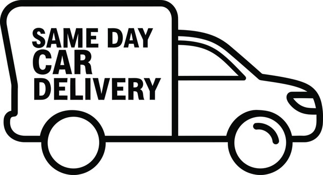 A simple black and white illustration of a delivery truck with same day car delivery text