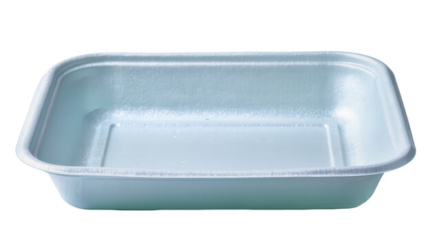 Light blue styrofoam food tray with textured rim, isolated on transparent background