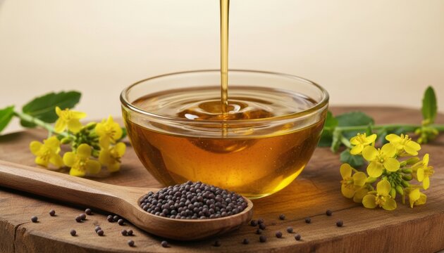Golden mustard oil pouring into a bowl with seeds