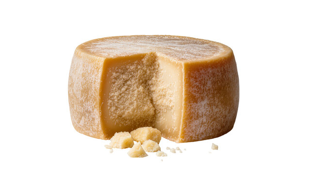 Whole wheel of aged Parmesan cheese with a wedge removed, isolated on transparent background
