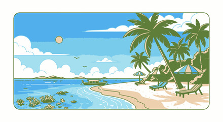 Obraz premium Coastal illustration of beach with palm trees and sun umbrellas