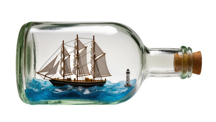 Antique sailing ship model with lighthouse in bottle, isolated on transparent background © Maria