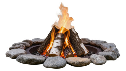 Burning birch logs in a stone fire pit, isolated on transparent background © Maria