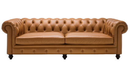 Fototapeta premium Luxurious tan leather Chesterfield sofa with deep button tufting, isolated on transparent background